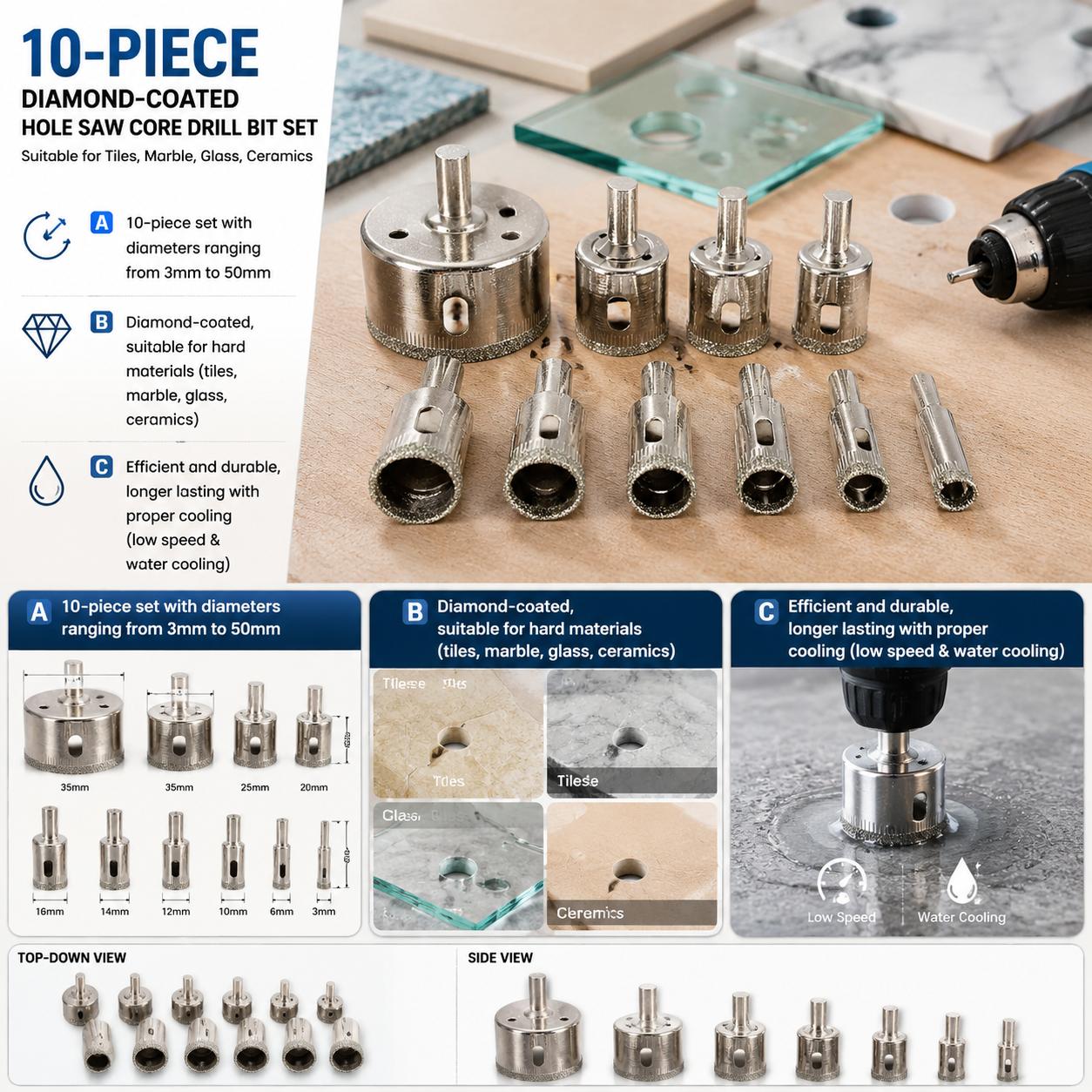 Reciprocating Saw Attachment Drill - Diamantbeschichtetes Bohrerset, 10-teilig, Premium-Lochsägen- und Kernbohrer-Kit