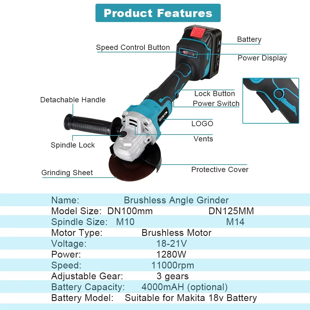 Brushless Angle Grinder Battery Powered - 125/100mm Winkelschleifer Bürstenlos Variable 3-Gang Lithium-Ionen